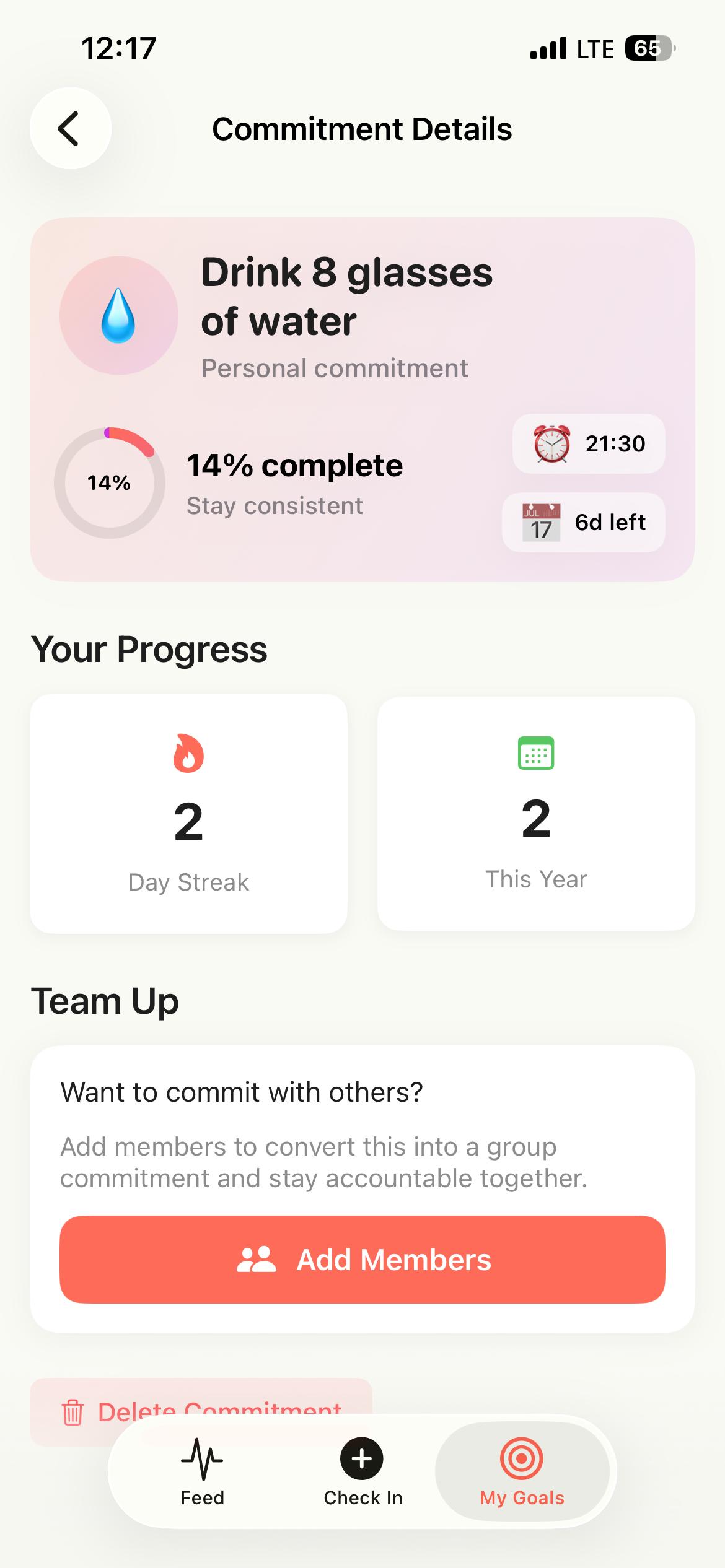 TinyAct commitment detail view with progress and partner info