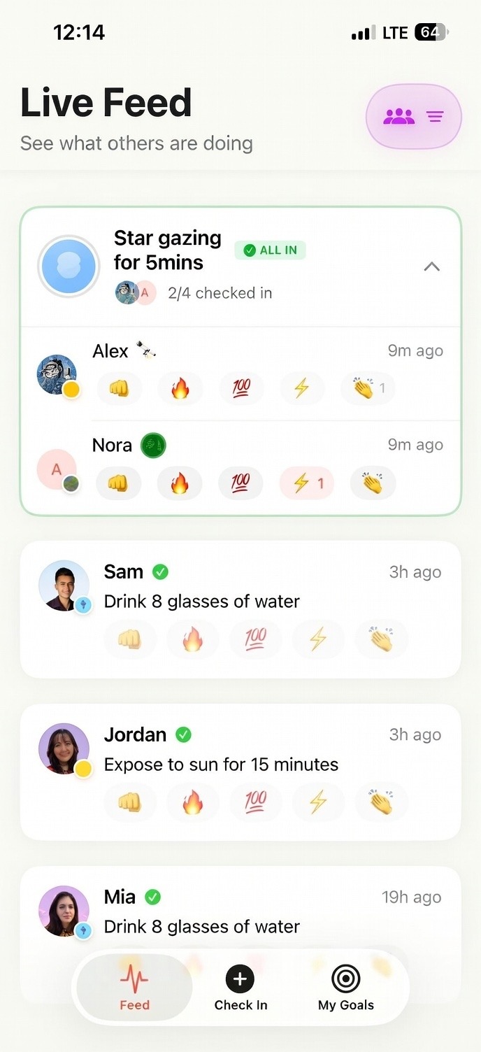 TinyAct Live Activity Feed showing real-time check-ins