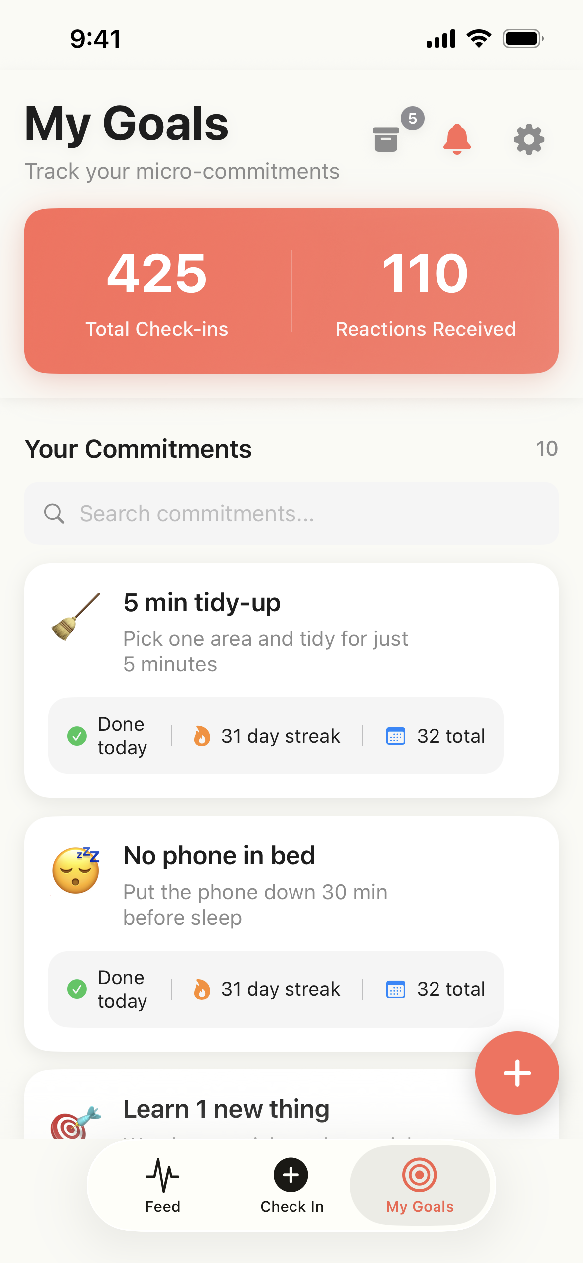TinyAct My Goals screen showing active streaks and commitments